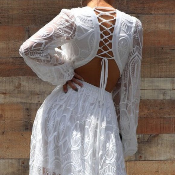 Bohemian White Embroidered Lace Cut Out Lace Up Back Boho Maxi Dress - Picture 7 of 8